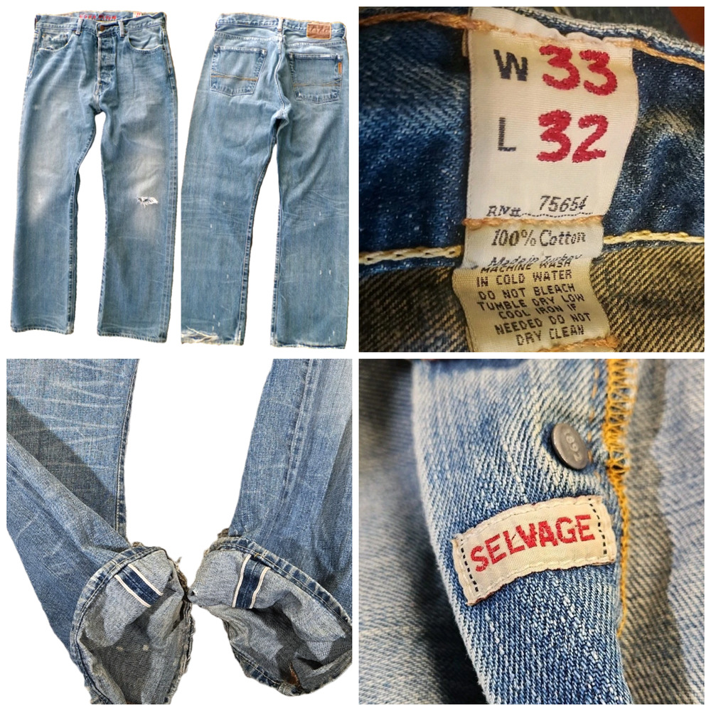 RARE VTG Ezra Fitch Selvage Selvedge Denim Jeans 33x32 Button Fly Distress Exlnt